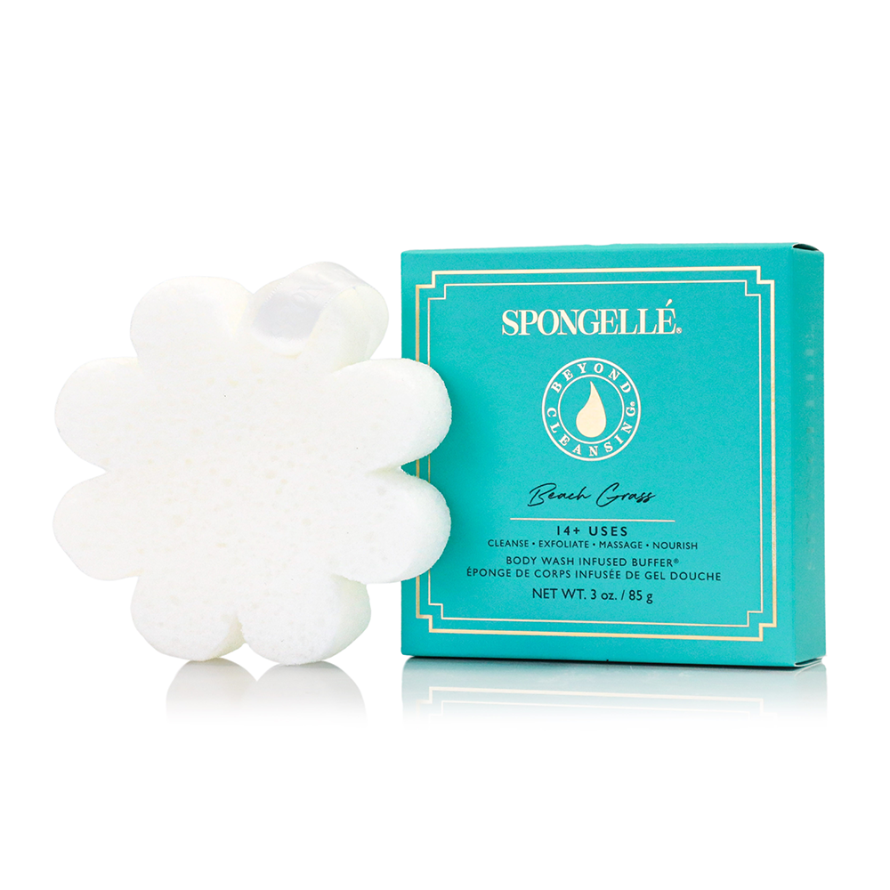 Beach Grass boxed flower exfoliating shower sponge with white flower sponge