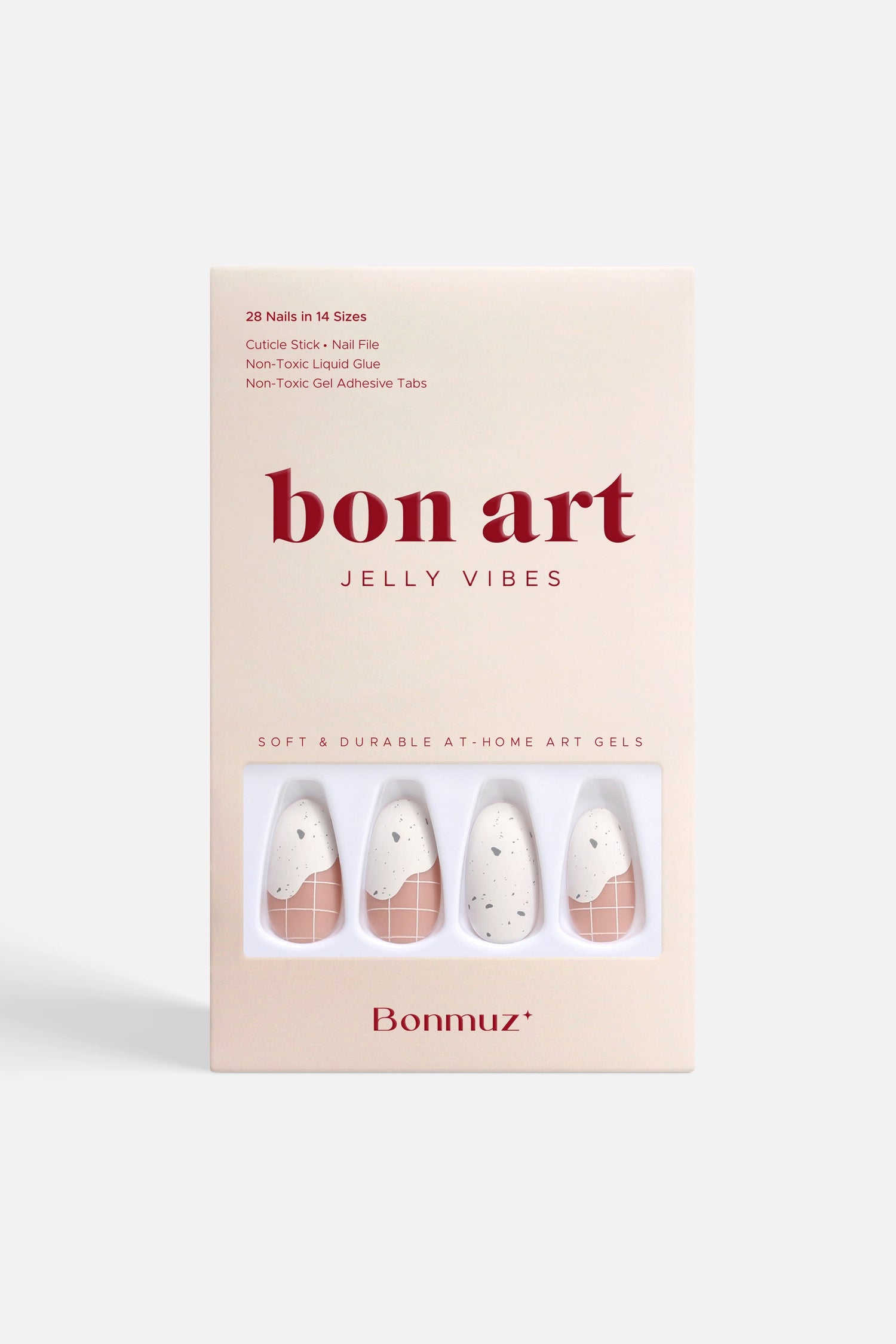 Press-on nail set box (bon art Jelly Vibes) with white speckled nude designs