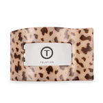 Flat rectangle hair clip with beige and dark tortoise leopard print.