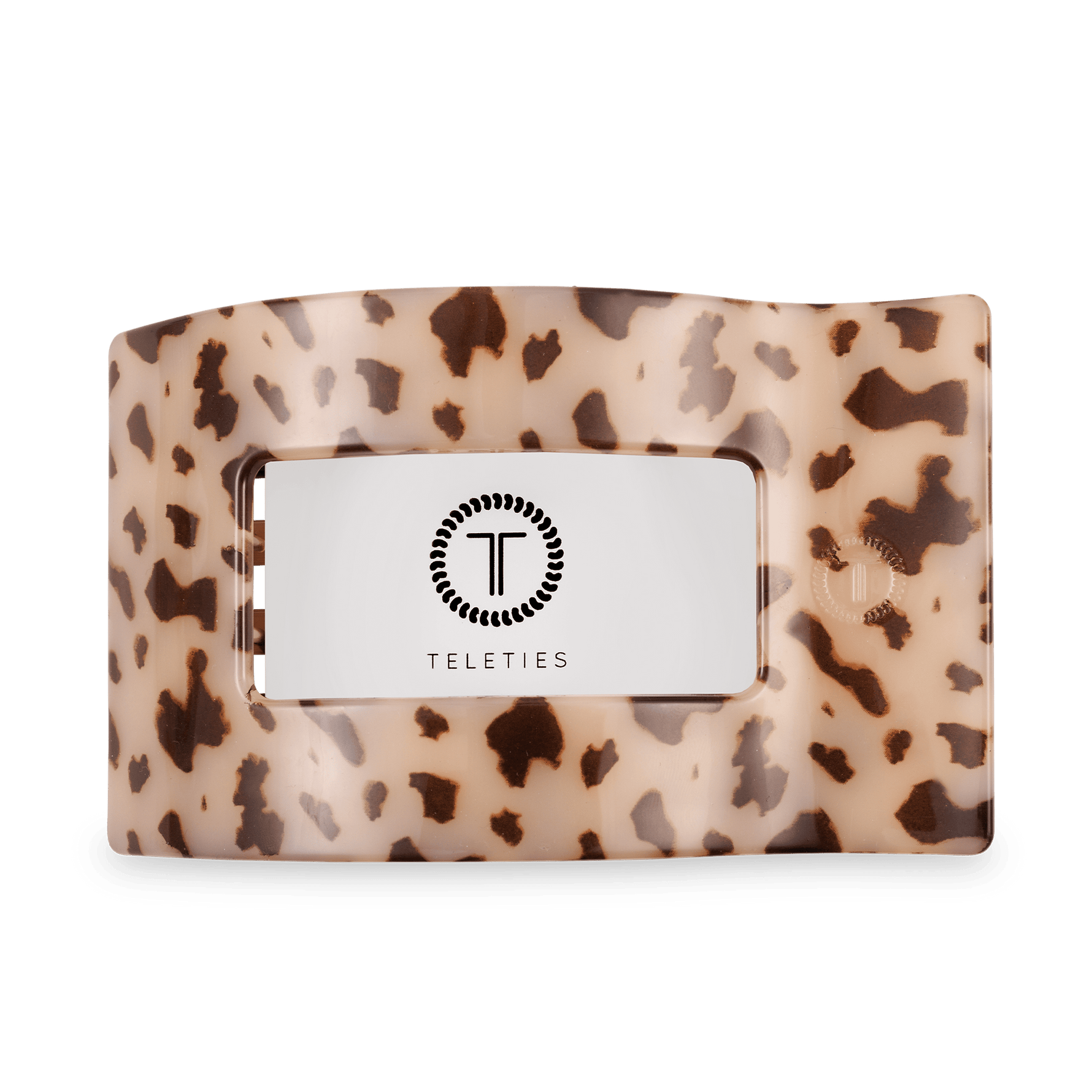 Flat rectangle hair clip with beige and dark tortoise leopard print.