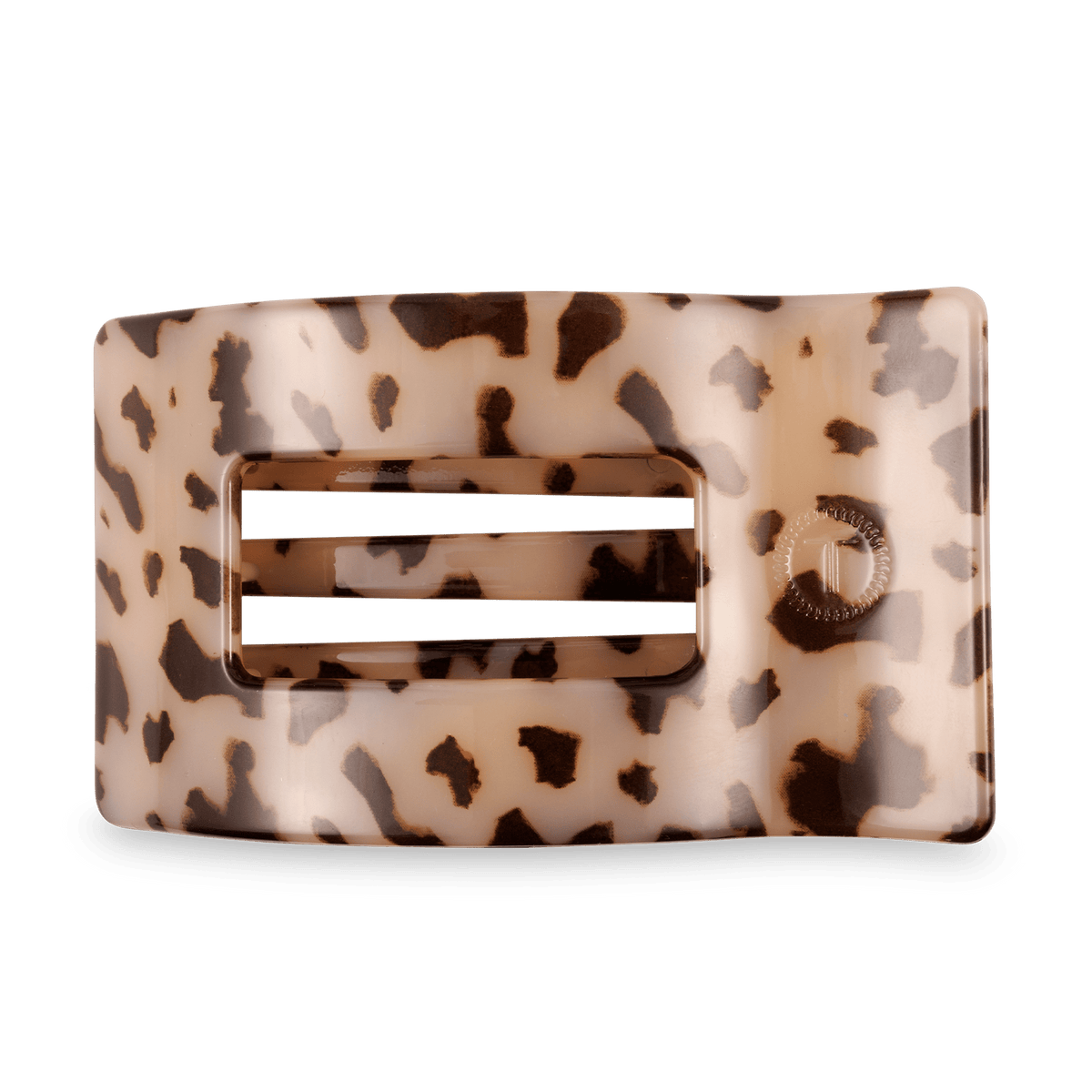 Large flat rectangle hair clip with blonde and dark tortoise leopard pattern.
