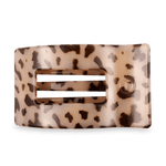 Large flat rectangle hair clip with blonde and dark tortoise leopard pattern.