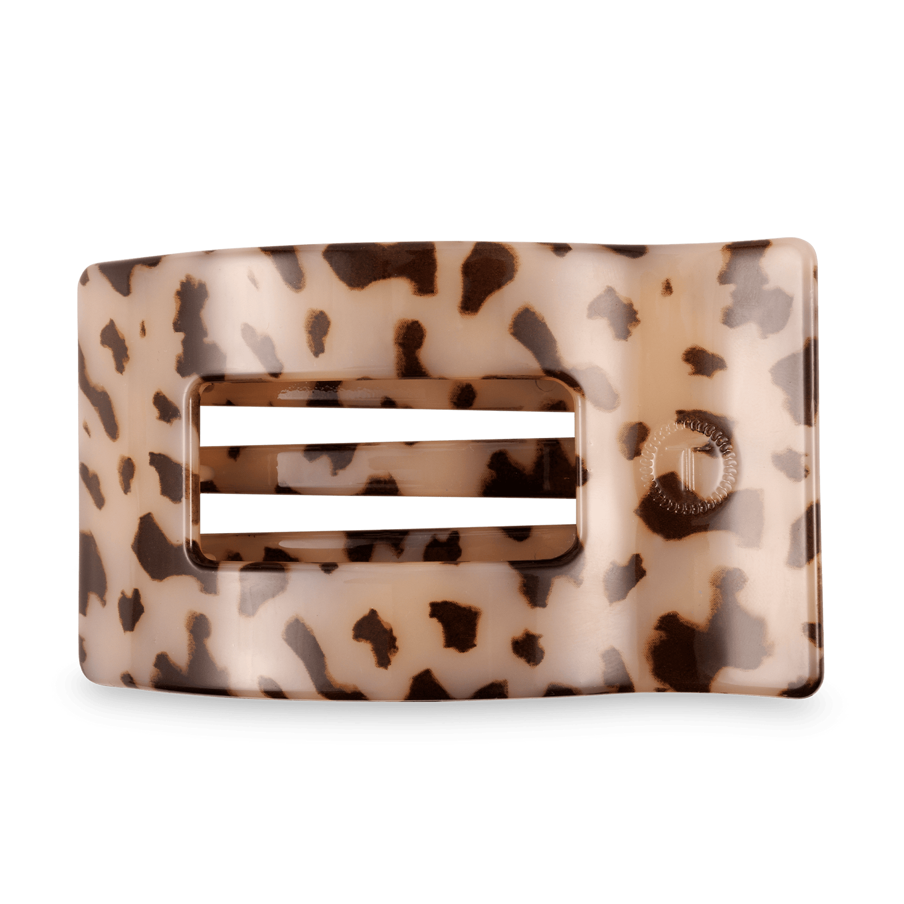 Large flat rectangle hair clip with blonde and dark tortoise leopard pattern.