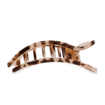 Curved tortoise leopard hair clip with small metal teeth on both ends.