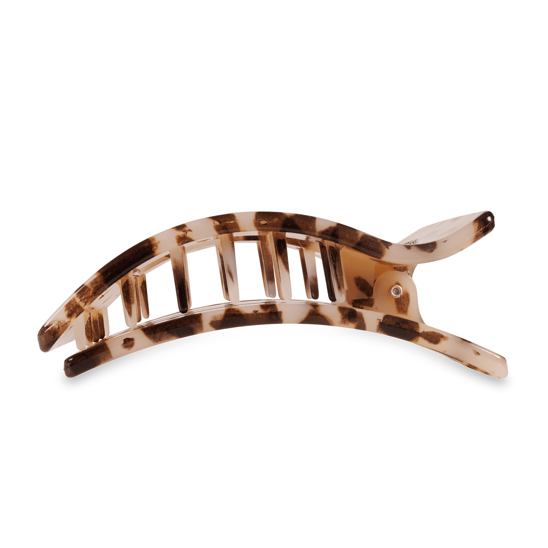 Curved tortoise leopard hair clip with small metal teeth on both ends.