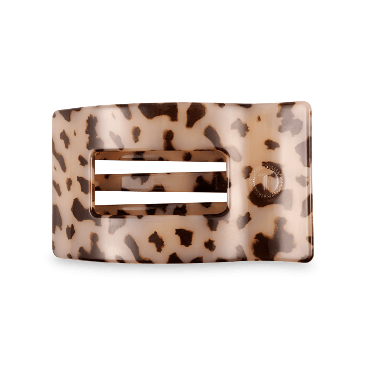 Medium flat rectangle hair clip with tortoise-speckled beige pattern and gold-tone hinge