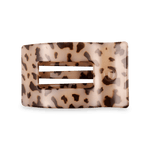 Medium flat rectangle hair clip with tortoise-speckled beige pattern and gold-tone hinge