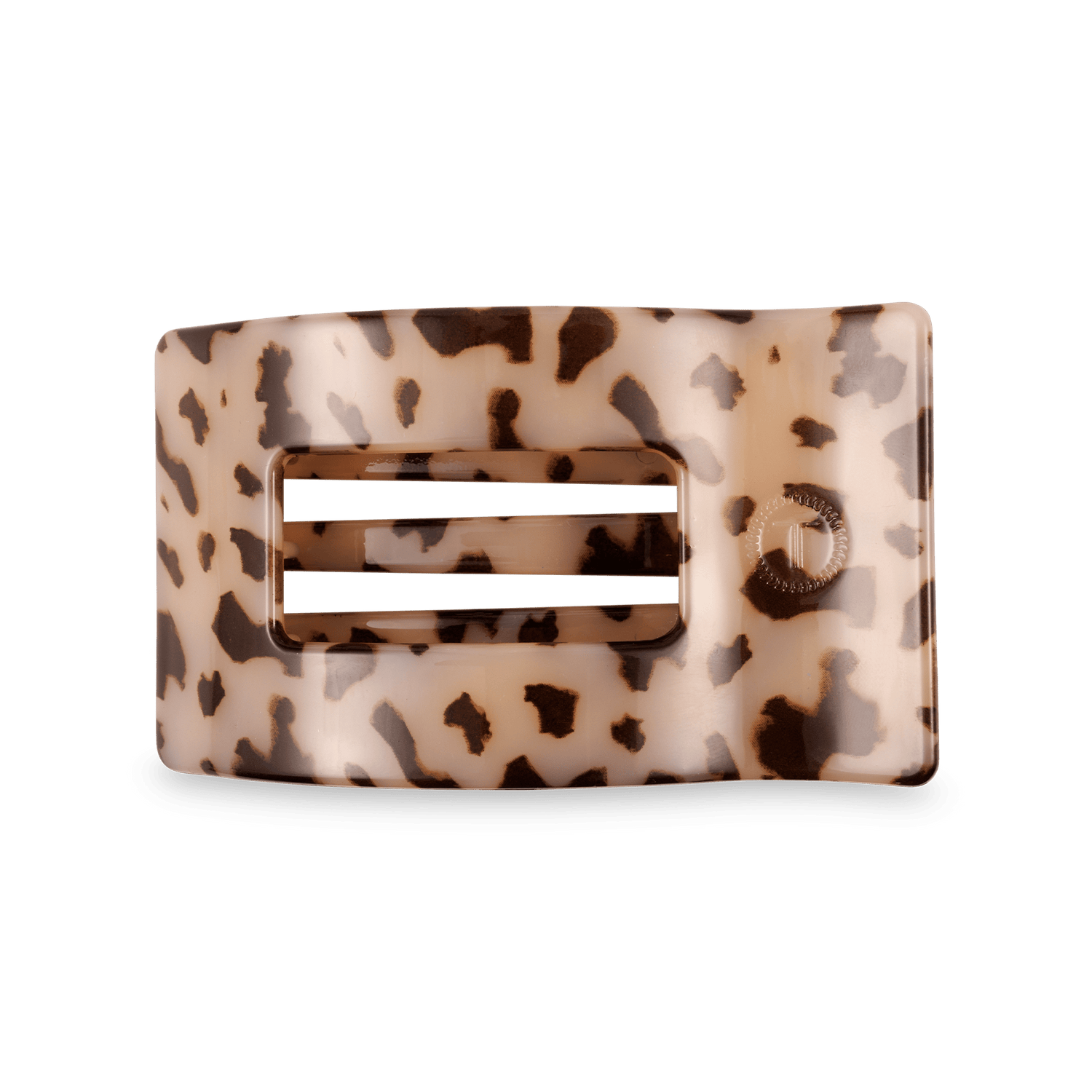 Medium flat rectangle hair clip with tortoise-speckled beige pattern and gold-tone hinge