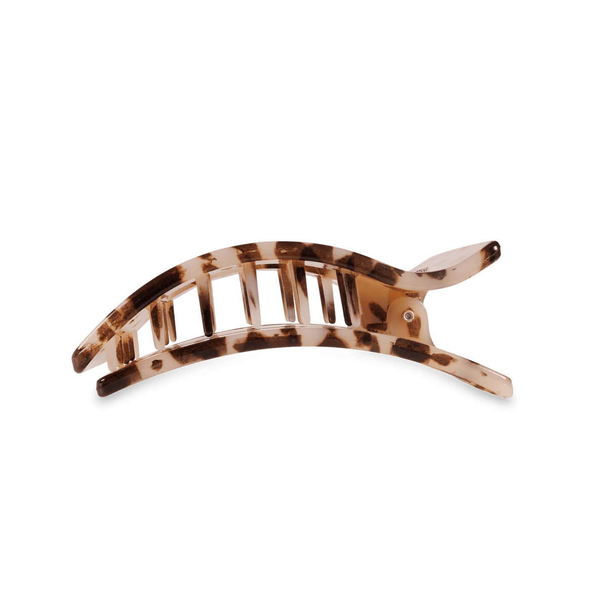 Tortoise-pattern medium hair clip viewed from the side, flat rectangular shape