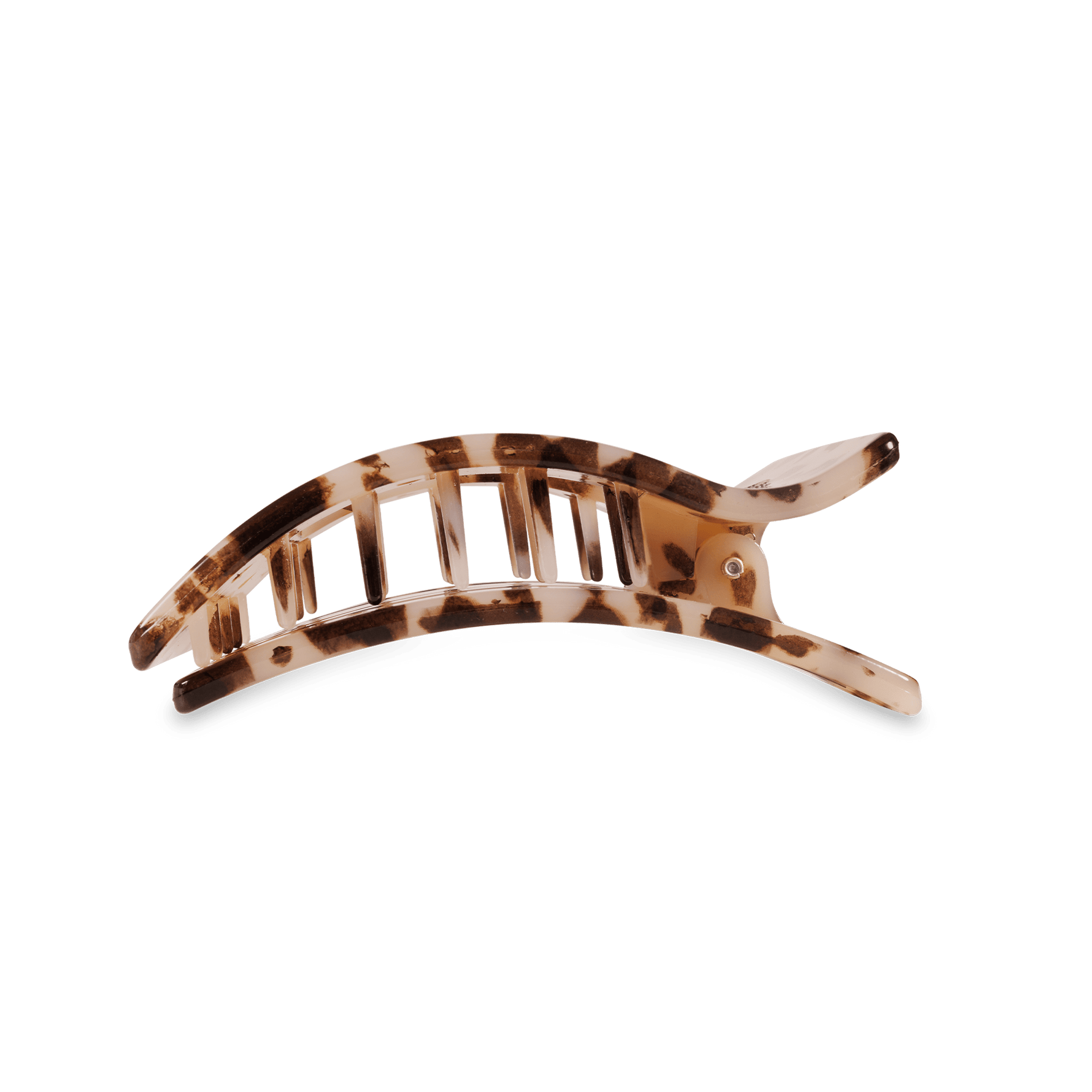 Tortoise-pattern medium hair clip viewed from the side, flat rectangular shape