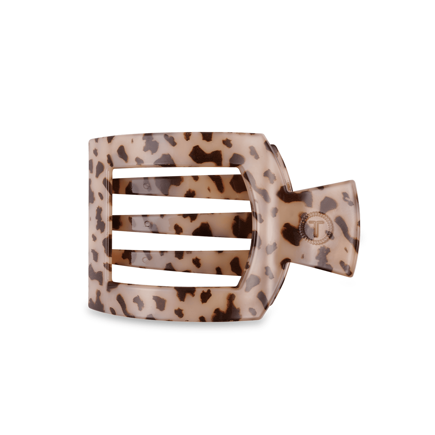 Medium flat square tortoise hair clip with three prongs, beige leopard pattern.