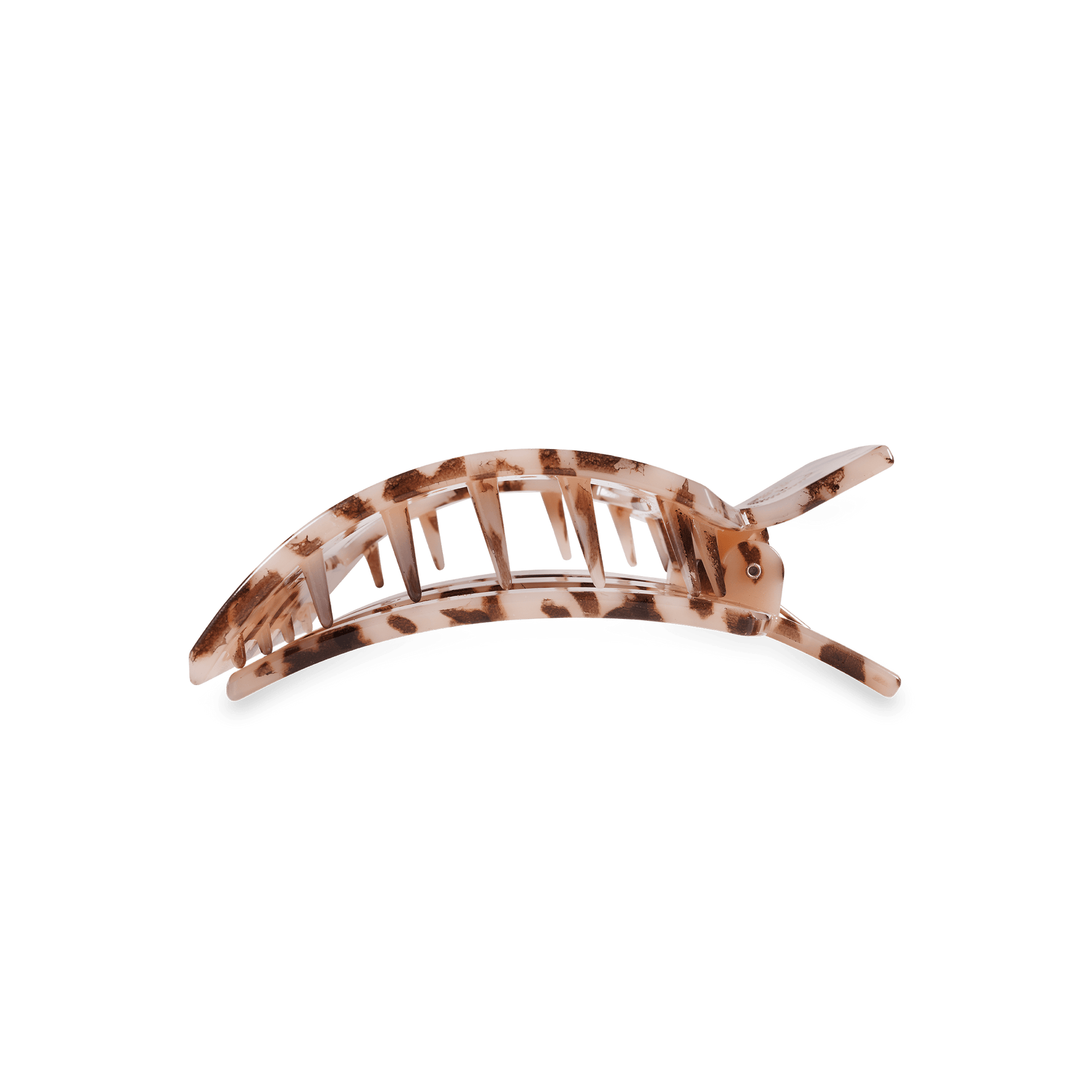 Curved flat square tortoise hair clip with three prongs, beige leopard pattern.