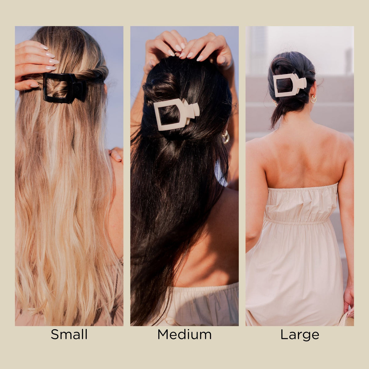 Hair clip size lineup: small, medium, and large blonde tortoise flat square clips