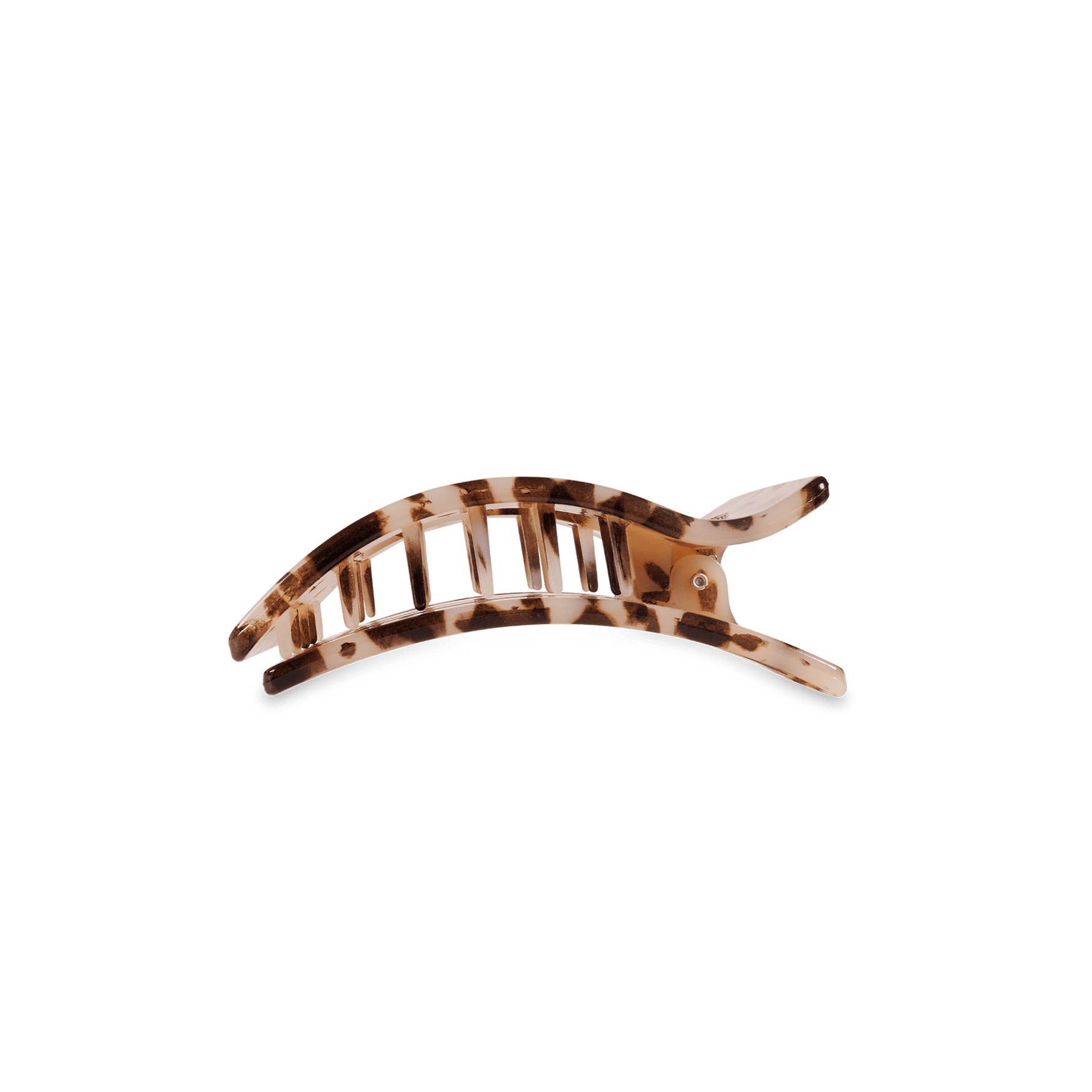 Small curved hair clip with blonde tortoise pattern and gold-tone teeth