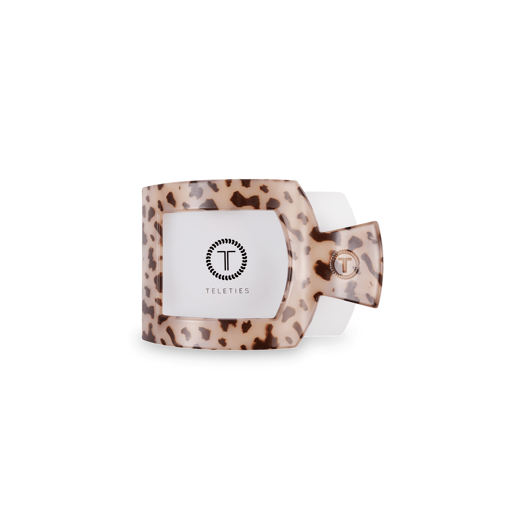 Tortoise-effect square flat hair clip with white logo patch in leopard print