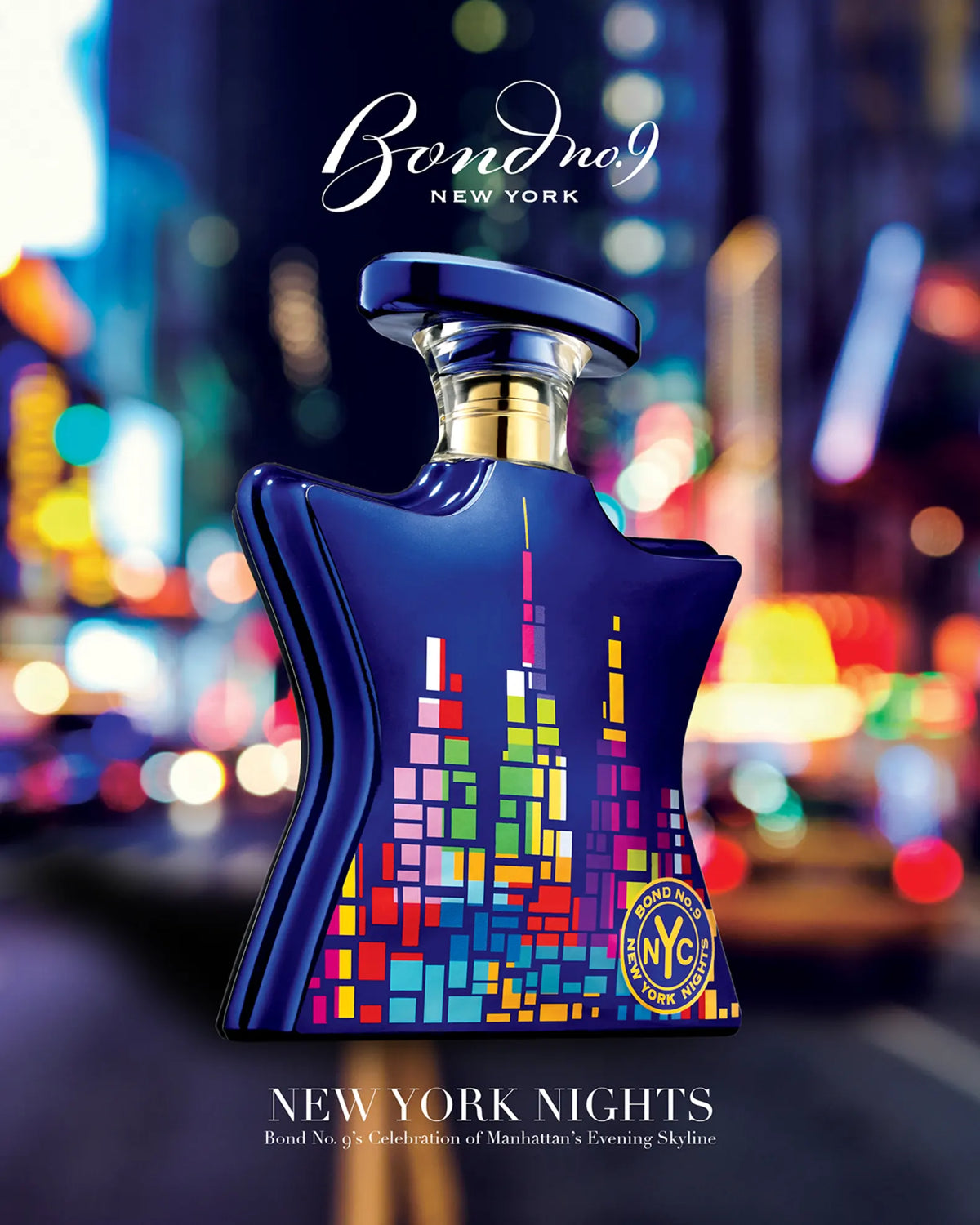 Blue Eau de parfum bottle with gold cap, pixel skyline graphic, and Bond No.9 NYC logo