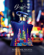 Blue Eau de parfum bottle with gold cap, pixel skyline graphic, and Bond No.9 NYC logo