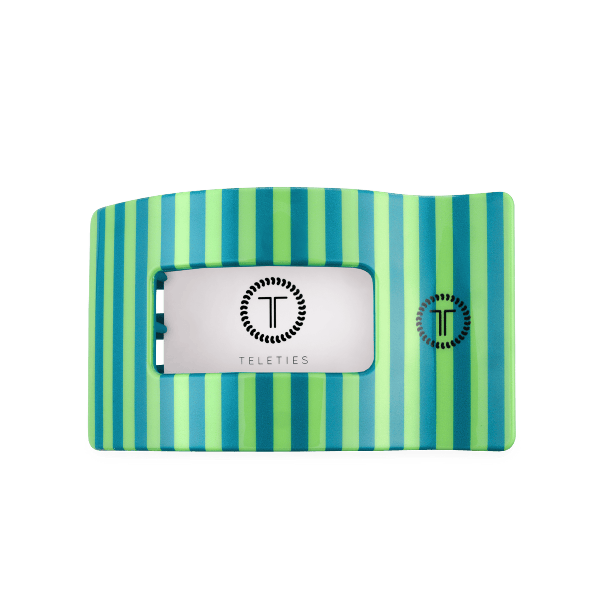 Large rectangular hair clip in teal and green stripes with TELETIES logo card window.