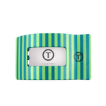 Large rectangular hair clip in teal and green stripes with TELETIES logo card window.