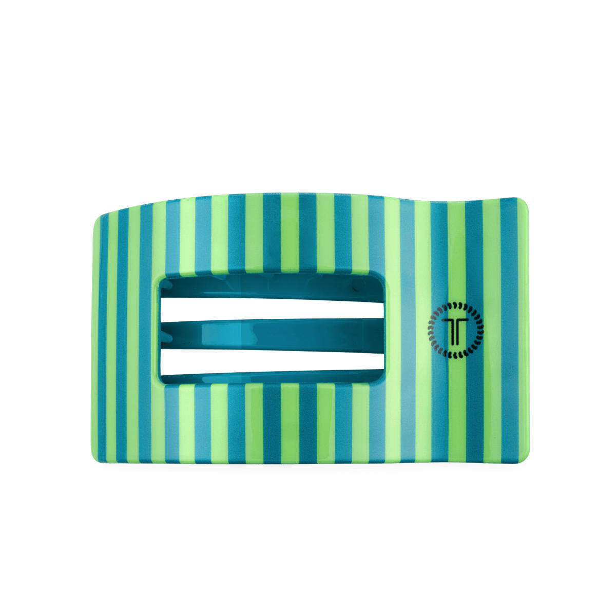 Large rectangular hair clip with teal/green vertical stripes and open bar slot.
