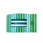 Large rectangular hair clip with teal/green vertical stripes and open bar slot.
