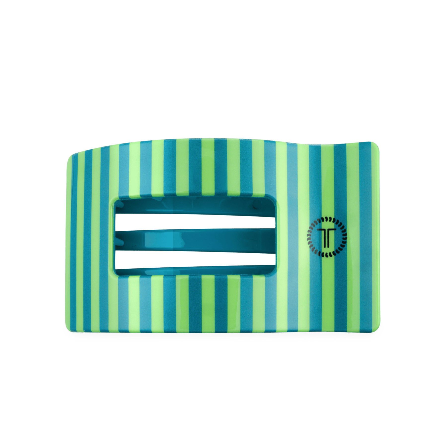 Large rectangular hair clip with teal/green vertical stripes and open bar slot.
