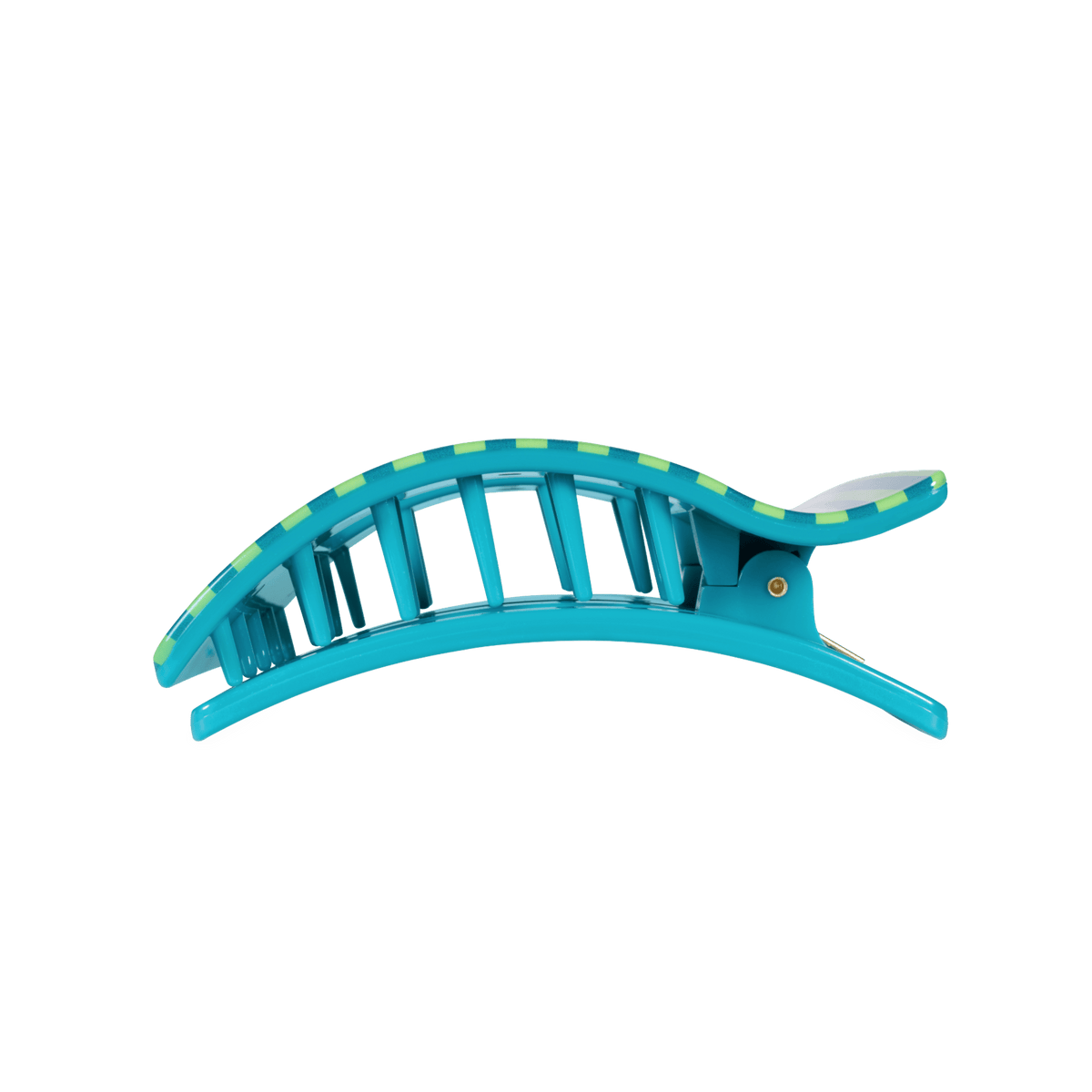 Blue teal-striped rectangular hair clip with curved prongs and side gold rivet.