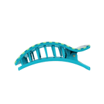 Blue teal-striped rectangular hair clip with curved prongs and side gold rivet.