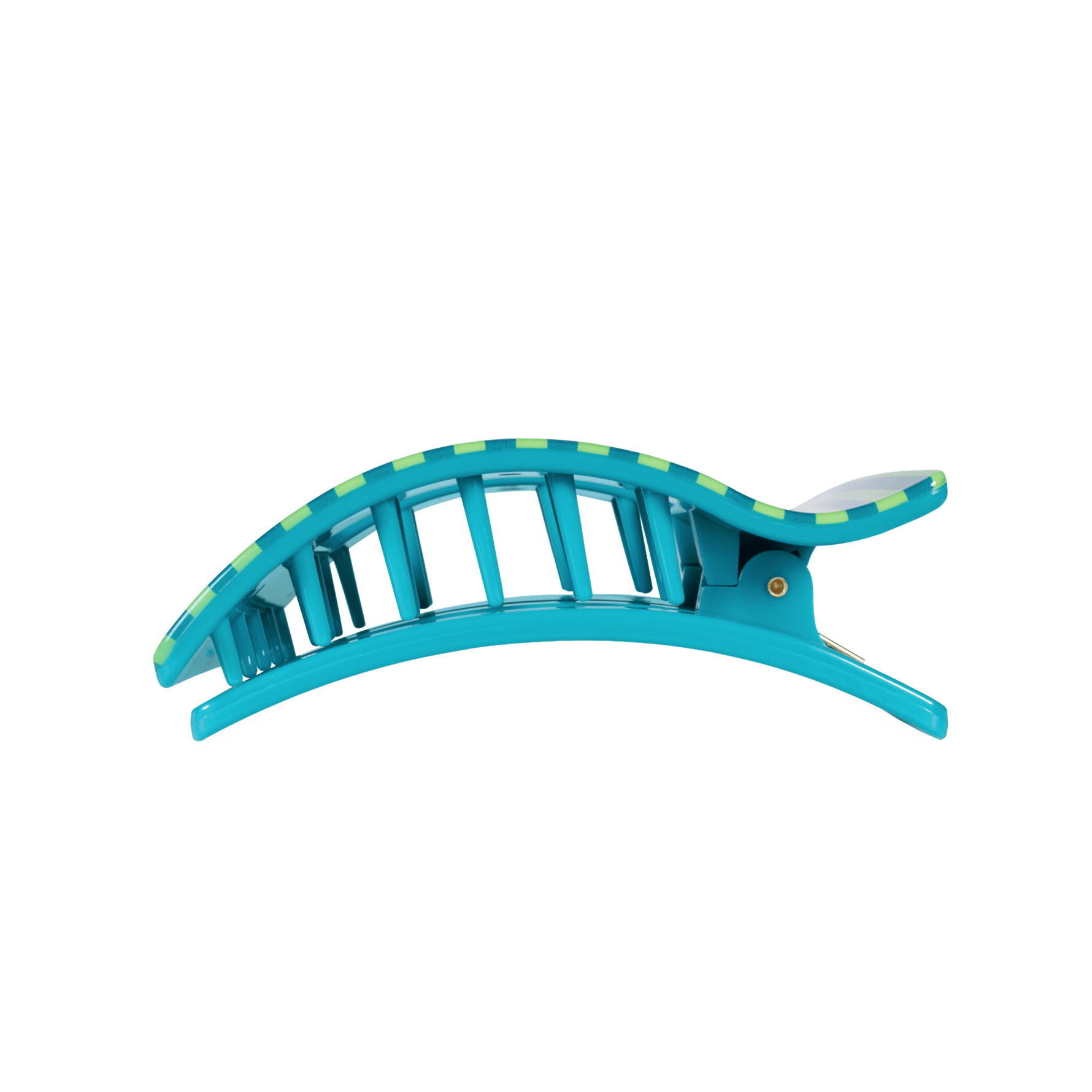 Blue teal-striped rectangular hair clip with curved prongs and side gold rivet.