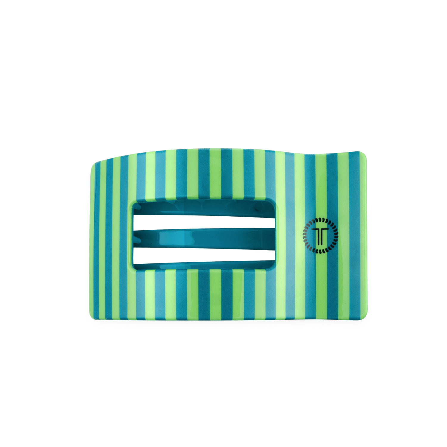 Medium flat rectangle hair clip with teal and lime vertical stripes