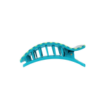 Teal flat rectangle hair clip, side view with open comb teeth