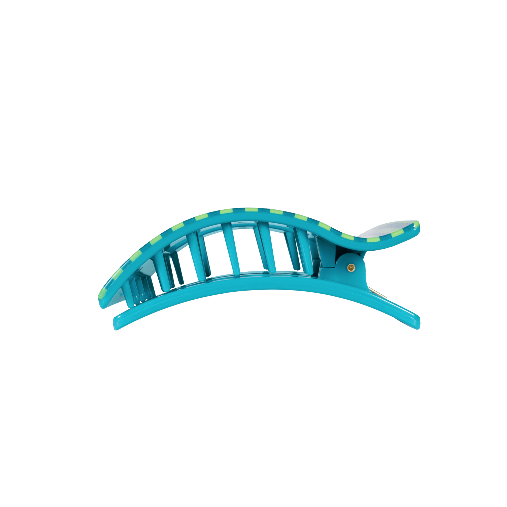 Teal flat rectangle hair clip, side view with open comb teeth