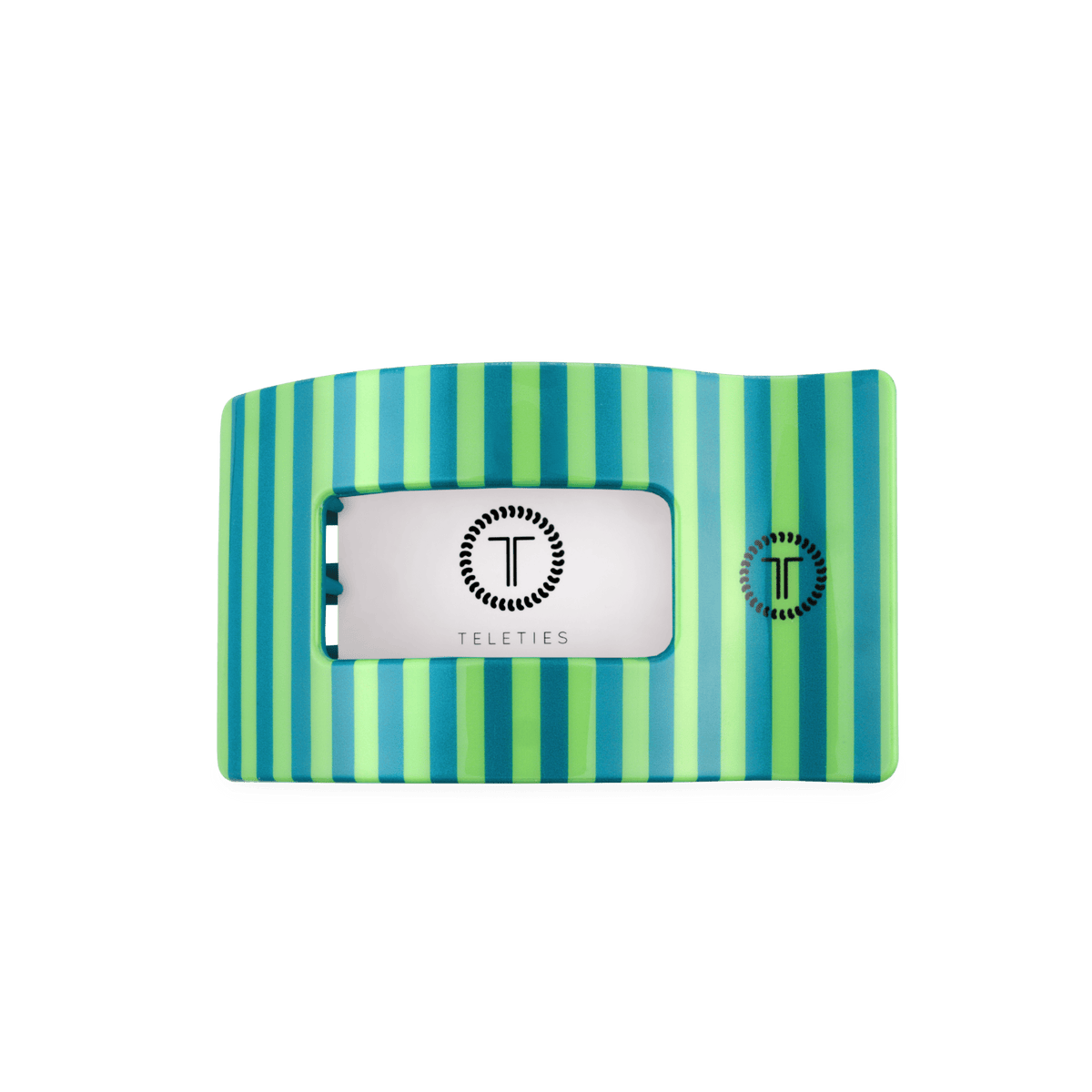 Medium flat rectangle hair clip with white inner panel and teal green stripes