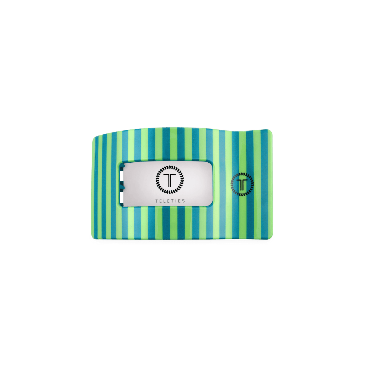 Teal and blue striped flat rectangle hair clip with white TELETIES label