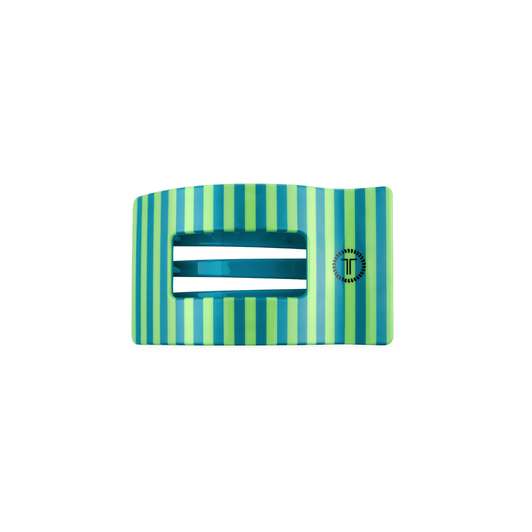 Teal and blue striped flat rectangle hair clip with dark prongs