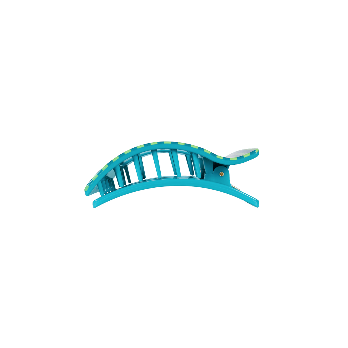 Teal flat rectangle hair clip side view with dark comb teeth