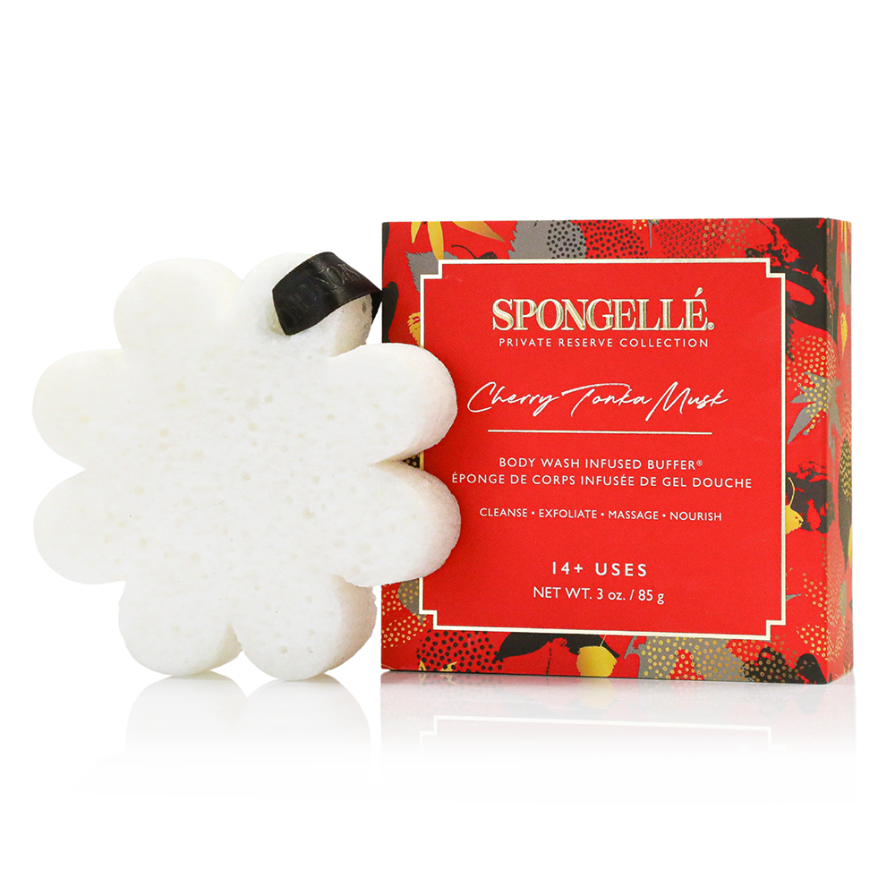 Body wash infused sponge flower buffer with box packaging, white and black handle