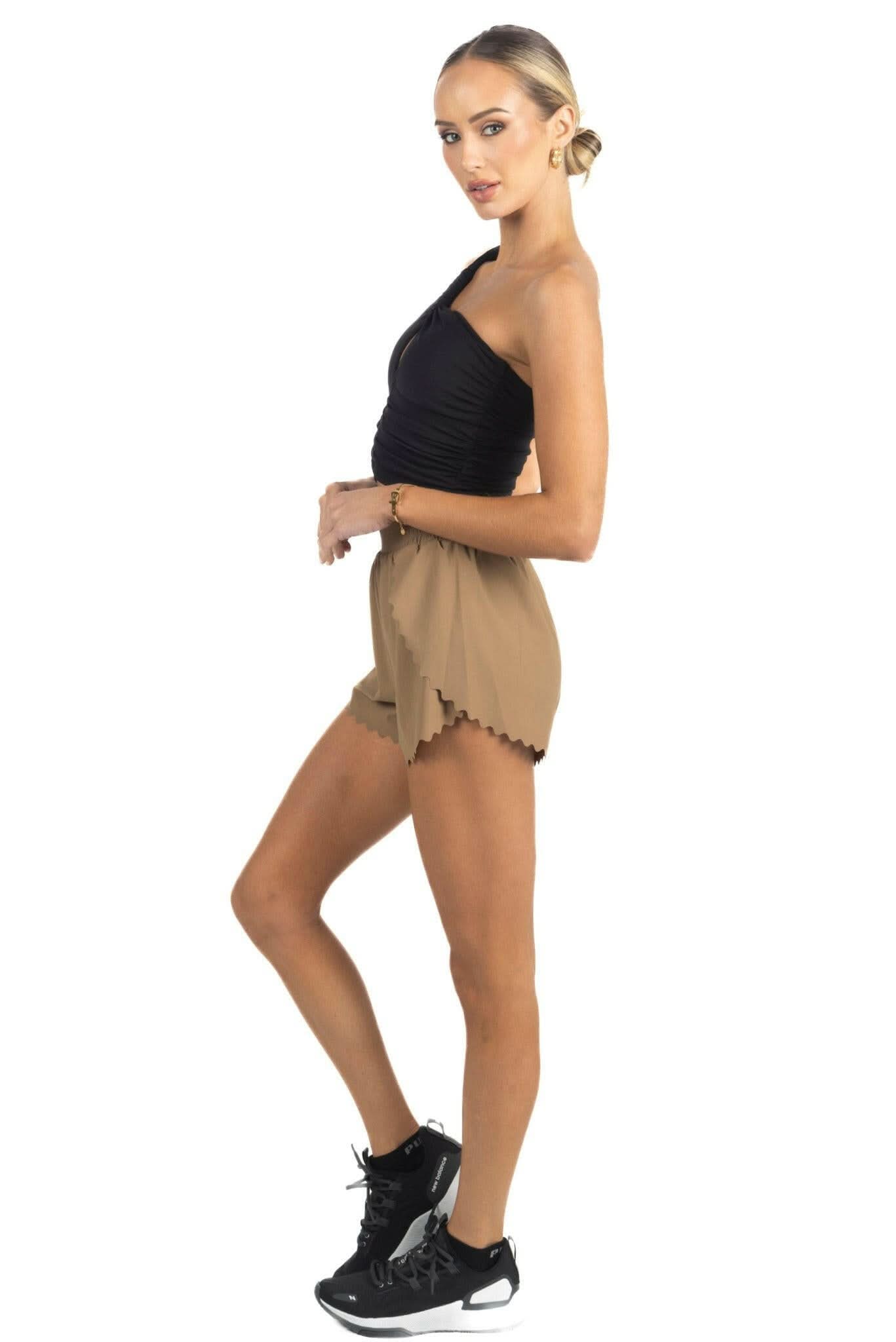 Soft brown scalloped hem shorts with elastic waist, side view