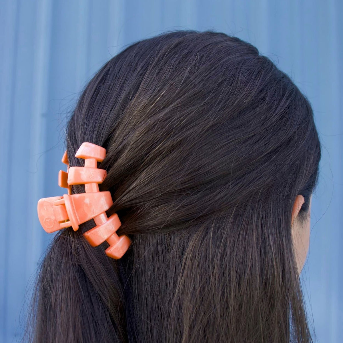 Small coral-orange claw clip on dark hair, securing the side section.