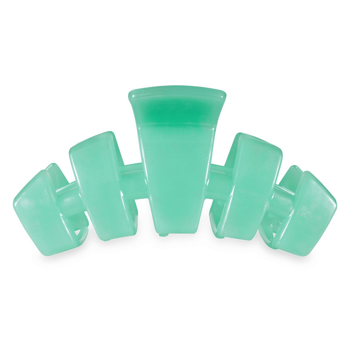 Large mint green claw hair clip, three-prong design with open jaws