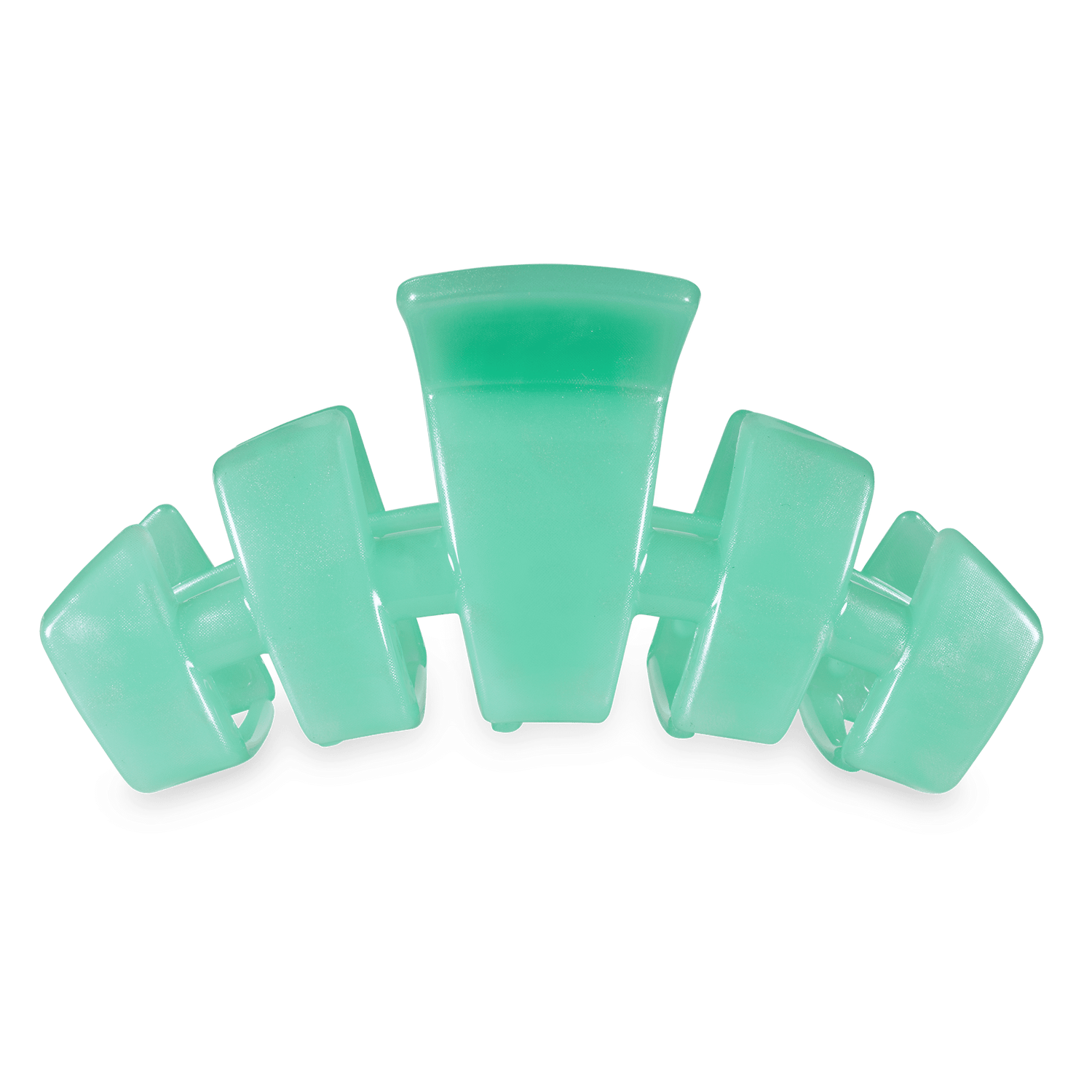 Large mint green claw hair clip, three-prong design with open jaws