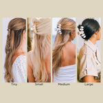 Sky-blue claw clip sizes on hair: tiny through large