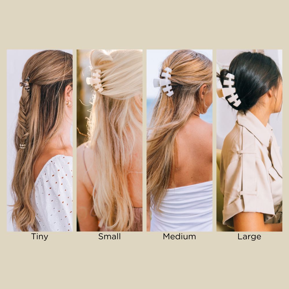 Sky-blue claw clip sizes on hair: tiny through large