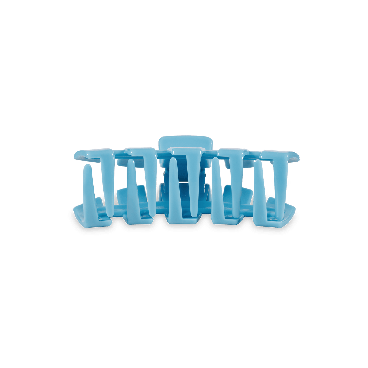 Sky-blue claw hair clip with wide, ribbed grip teeth