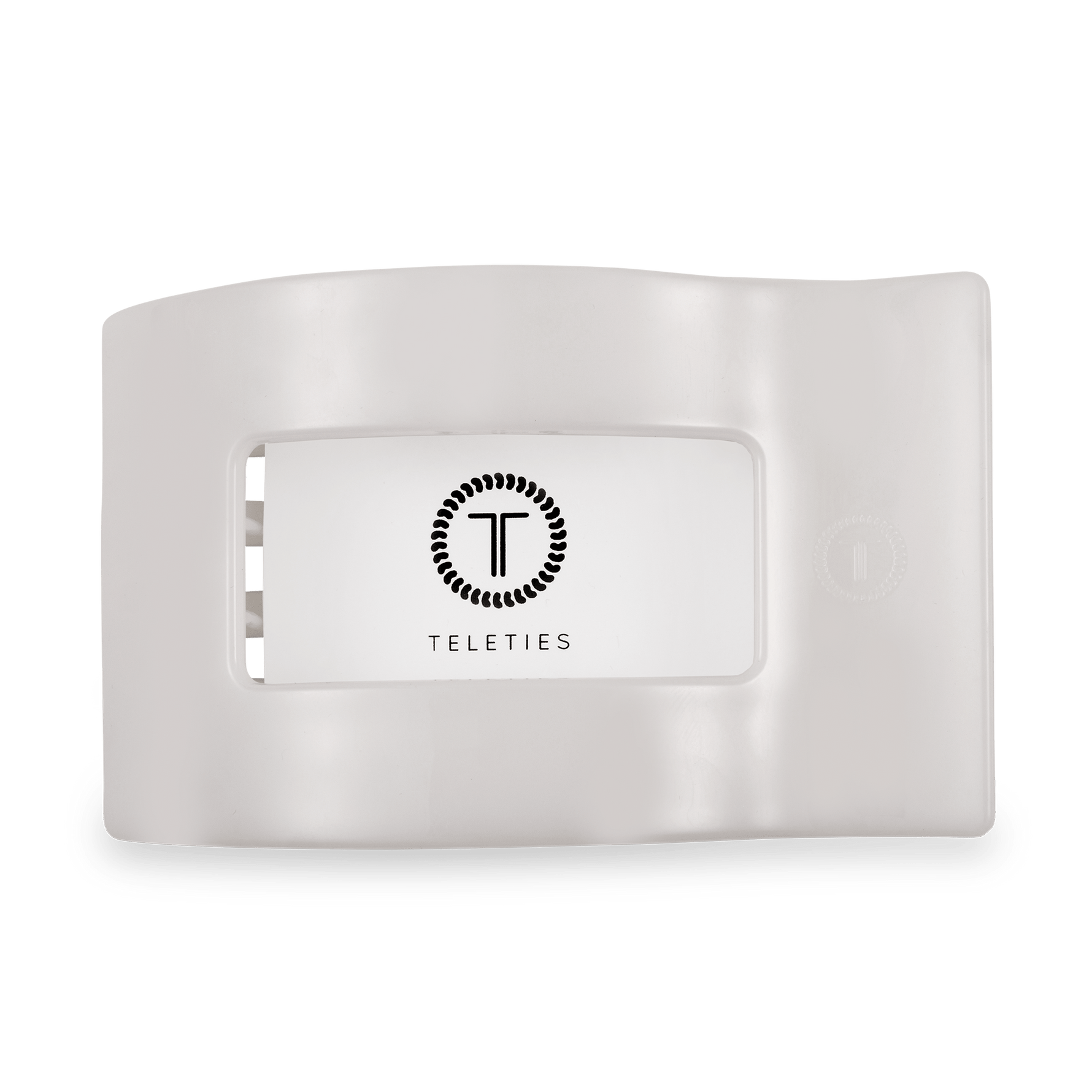 Large flat rectangle hair clip, coconut white, with logo plate front