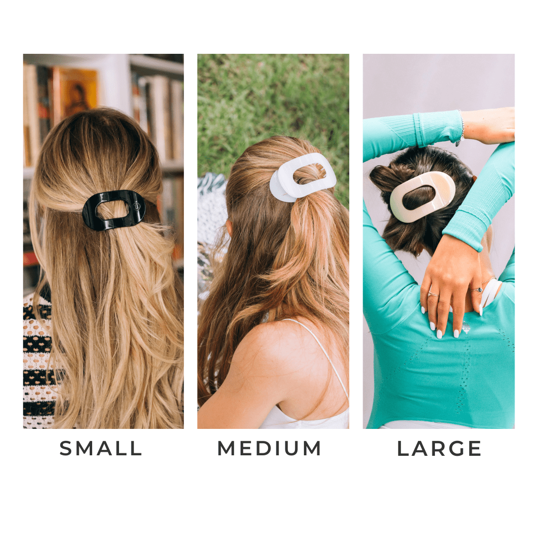 White large flat round hair clip on blonde hair, side view