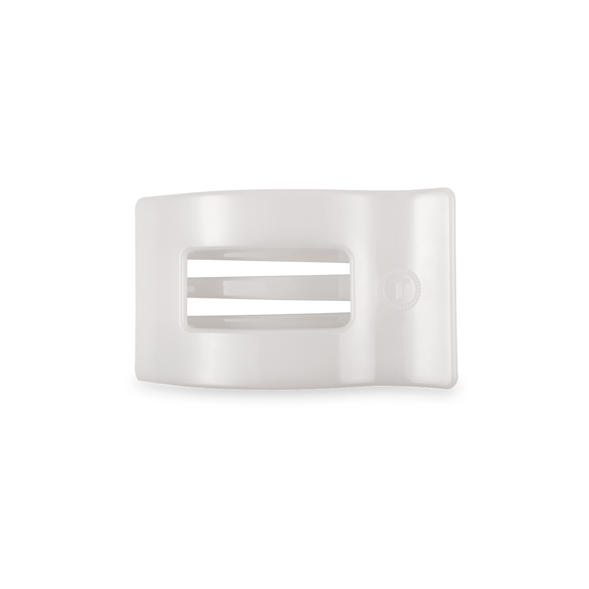 White flat rectangular hair clip with small cutout center and logo marking