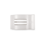 White flat rectangular hair clip with small cutout center and logo marking