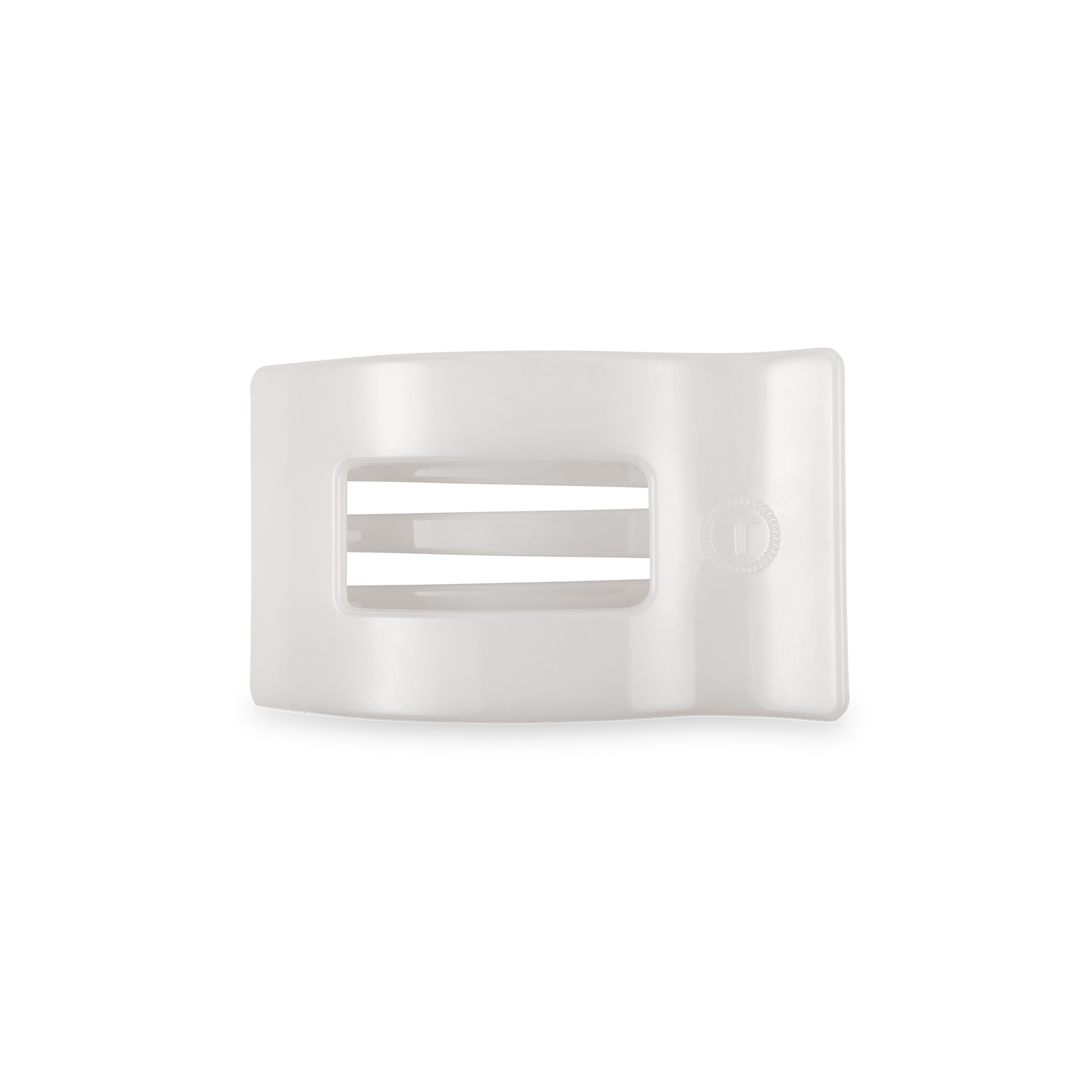 White flat rectangular hair clip with small cutout center and logo marking