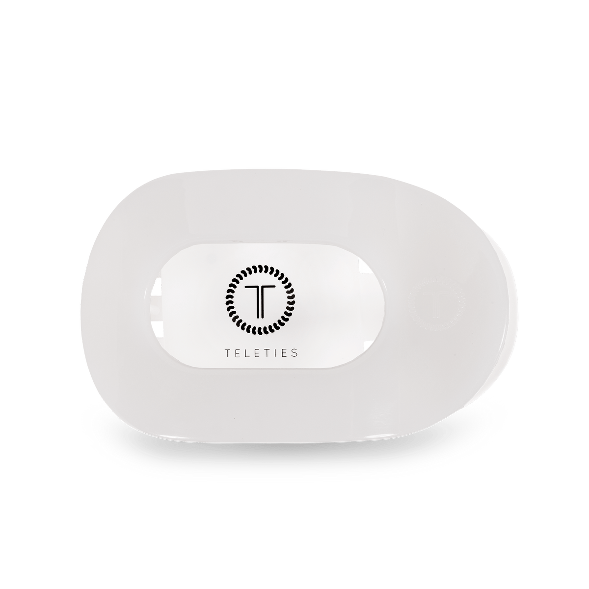 Small flat round hair clip, white plastic oval opening on base
